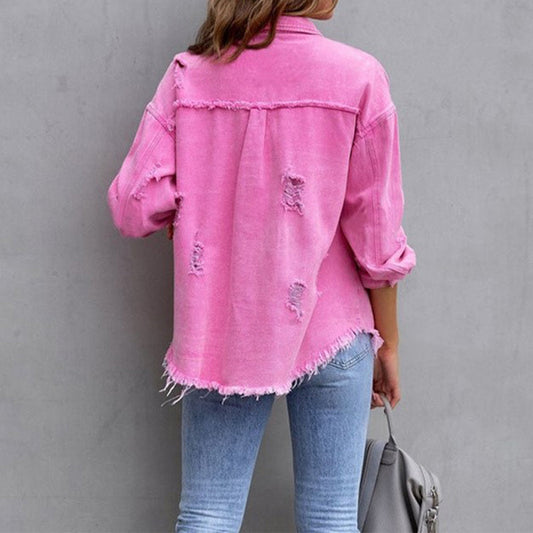 Rosafraye Oversized Distressed Denim Jacket – Women Streetwear Casual Fall Frayed Shacket Button-Up Jacket
