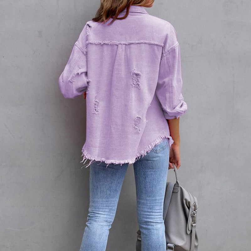 Veste oversize en denim délavé Rosafraye – Veste-chemise boutonnée effilochée pour femme, style streetwear décontracté d’automne