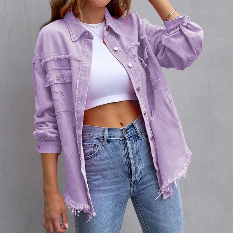 Veste oversize en denim délavé Rosafraye – Veste-chemise boutonnée effilochée pour femme, style streetwear décontracté d’automne