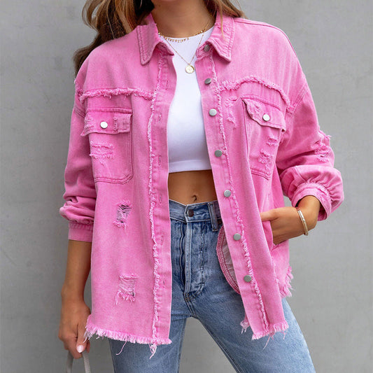 Rosafraye Oversized Distressed Denim Jacket – Women Streetwear Casual Fall Frayed Shacket Button-Up Jacket