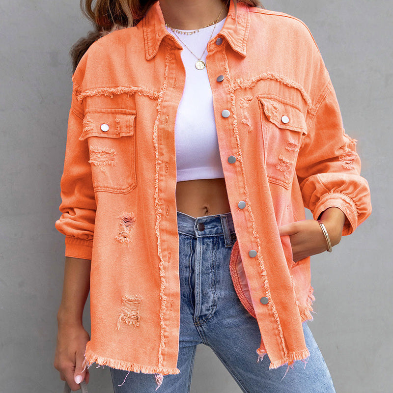 Veste oversize en denim délavé Rosafraye – Veste-chemise boutonnée effilochée pour femme, style streetwear décontracté d’automne