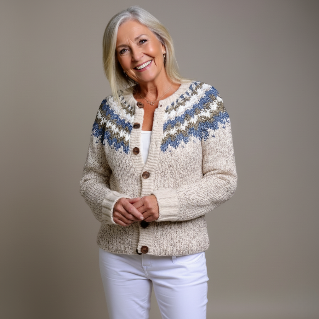 Fjordyn Fair Isle Button Cardigan – Chunky Knit Patterned Women Nordic Vintage Cozy Cardigan