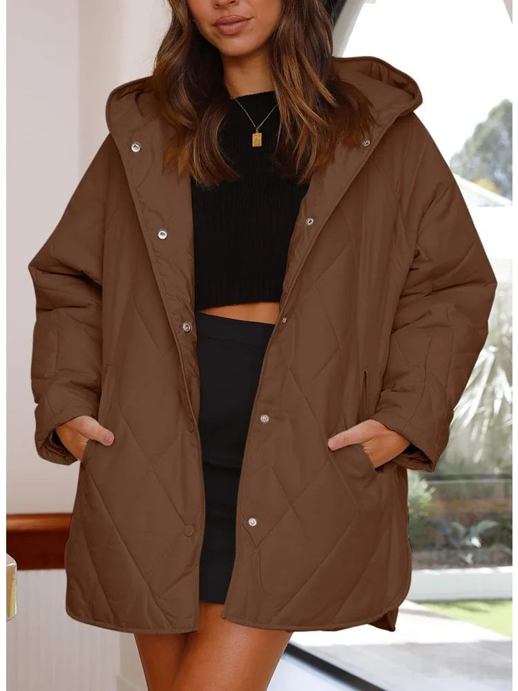 Veste matelassée à capuche Quiltura - Manteau femme oversize long, vert olive, vêtement d’extérieur décontracté