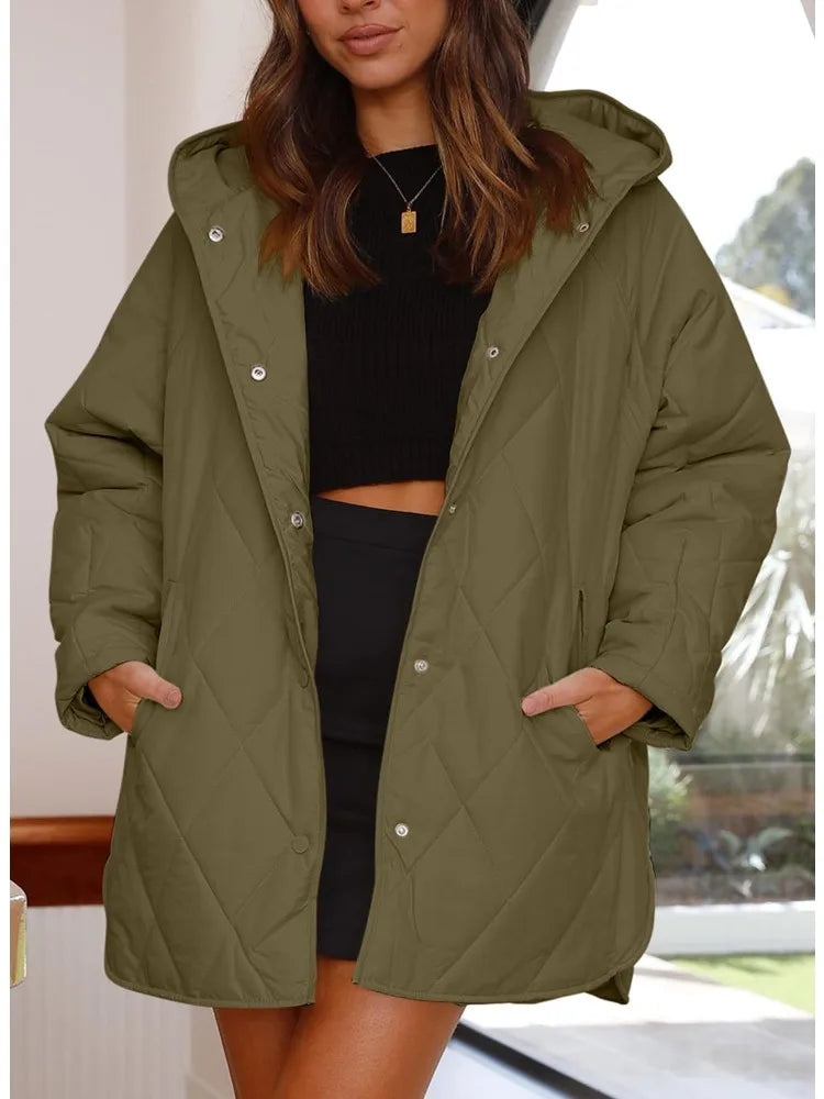 Veste matelassée à capuche Quiltura - Manteau femme oversize long, vert olive, vêtement d’extérieur décontracté