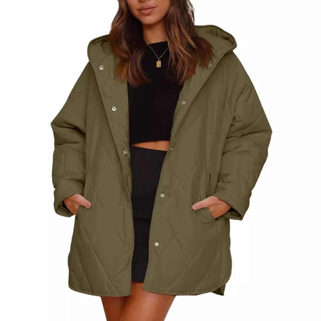 Veste matelassée à capuche Quiltura - Manteau femme oversize long, vert olive, vêtement d’extérieur décontracté