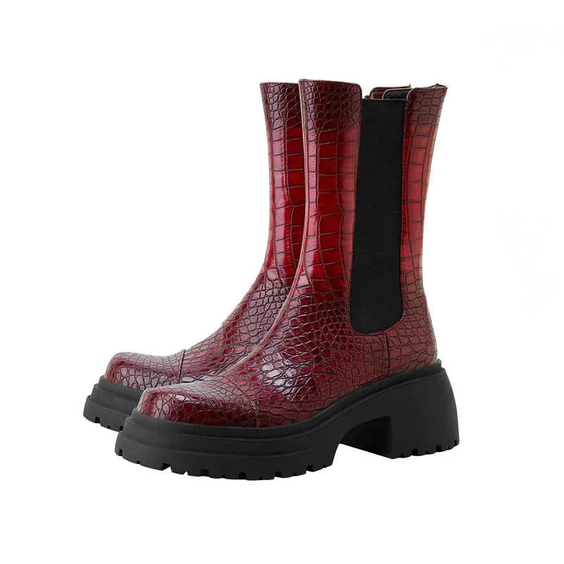 Crocgrain Platform Chelsea Boots – Ankle Boots Women Chunky Sole Elastic Side Pull On Winter Boots