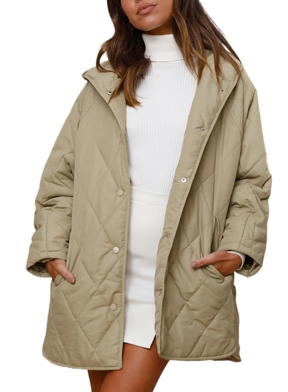 Veste matelassée à capuche Quiltura - Manteau femme oversize long, vert olive, vêtement d’extérieur décontracté