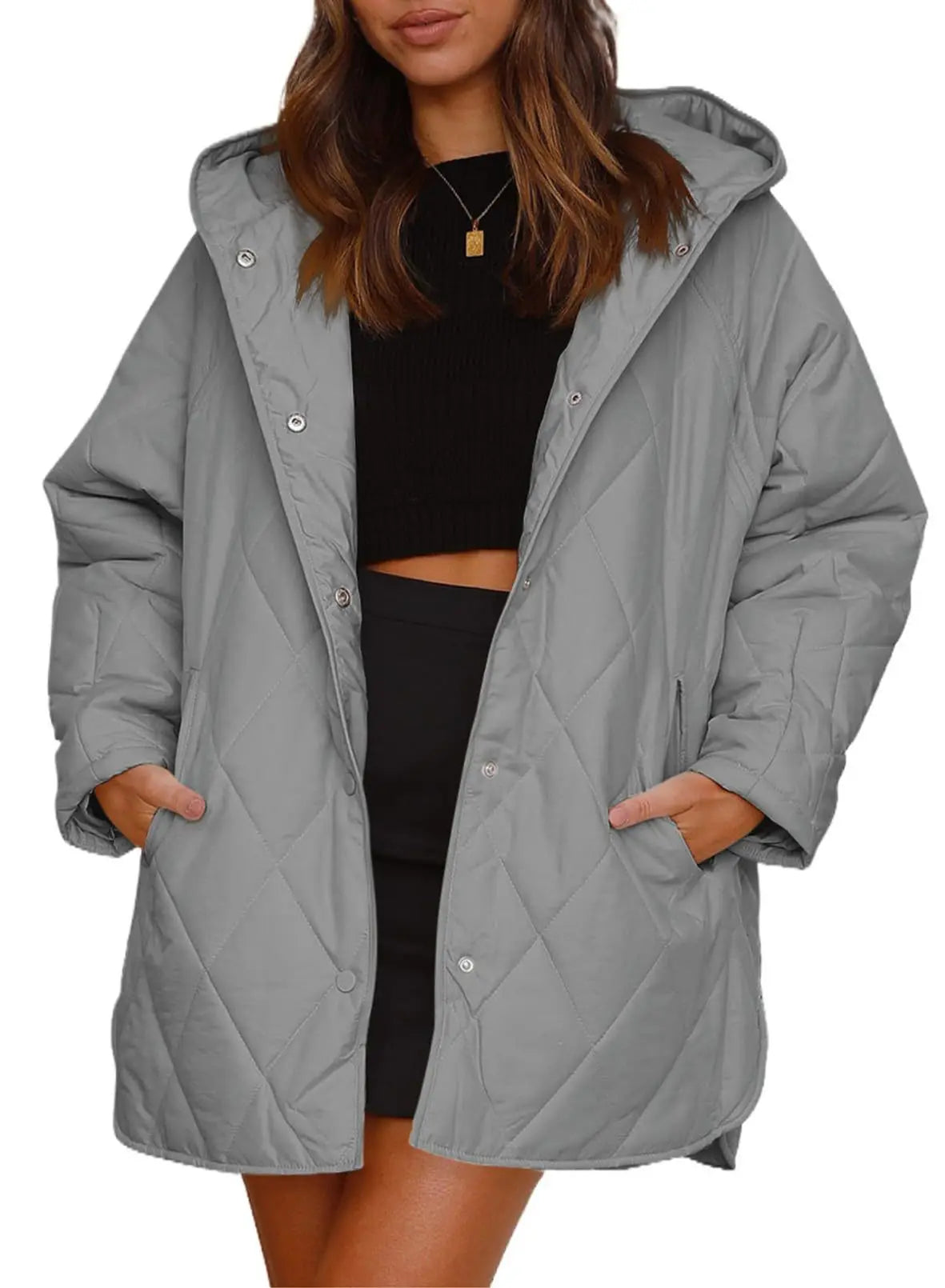 Veste matelassée à capuche Quiltura - Manteau femme oversize long, vert olive, vêtement d’extérieur décontracté