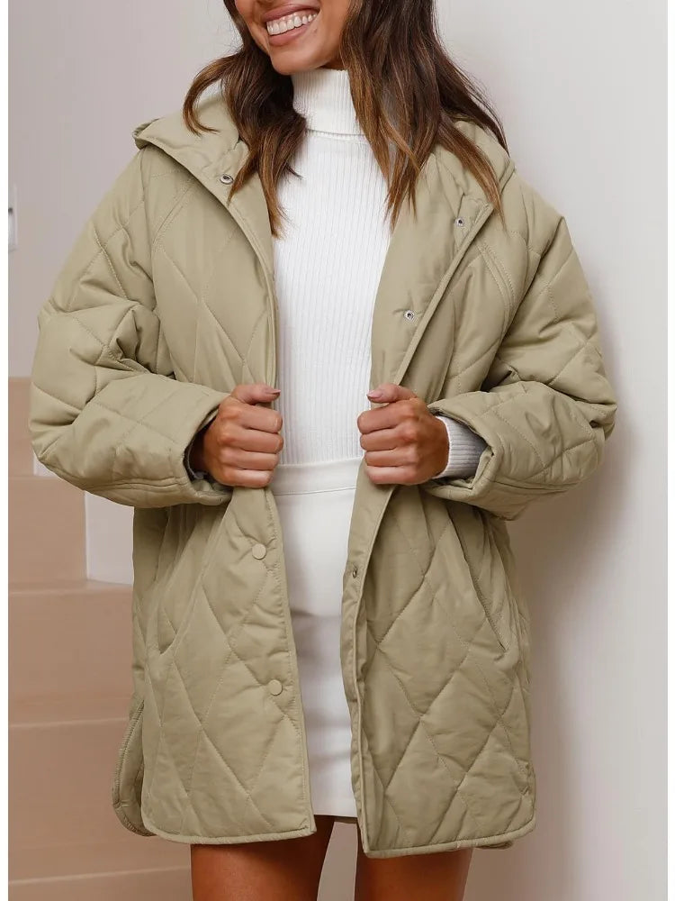 Veste matelassée à capuche Quiltura - Manteau femme oversize long, vert olive, vêtement d’extérieur décontracté