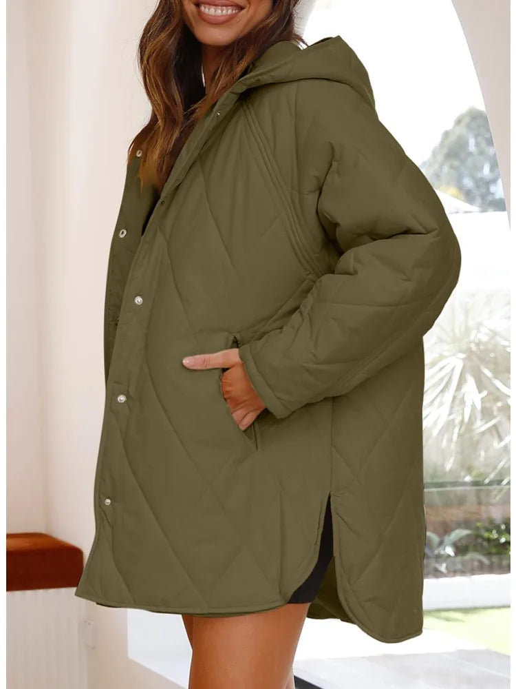 Veste matelassée à capuche Quiltura - Manteau femme oversize long, vert olive, vêtement d’extérieur décontracté