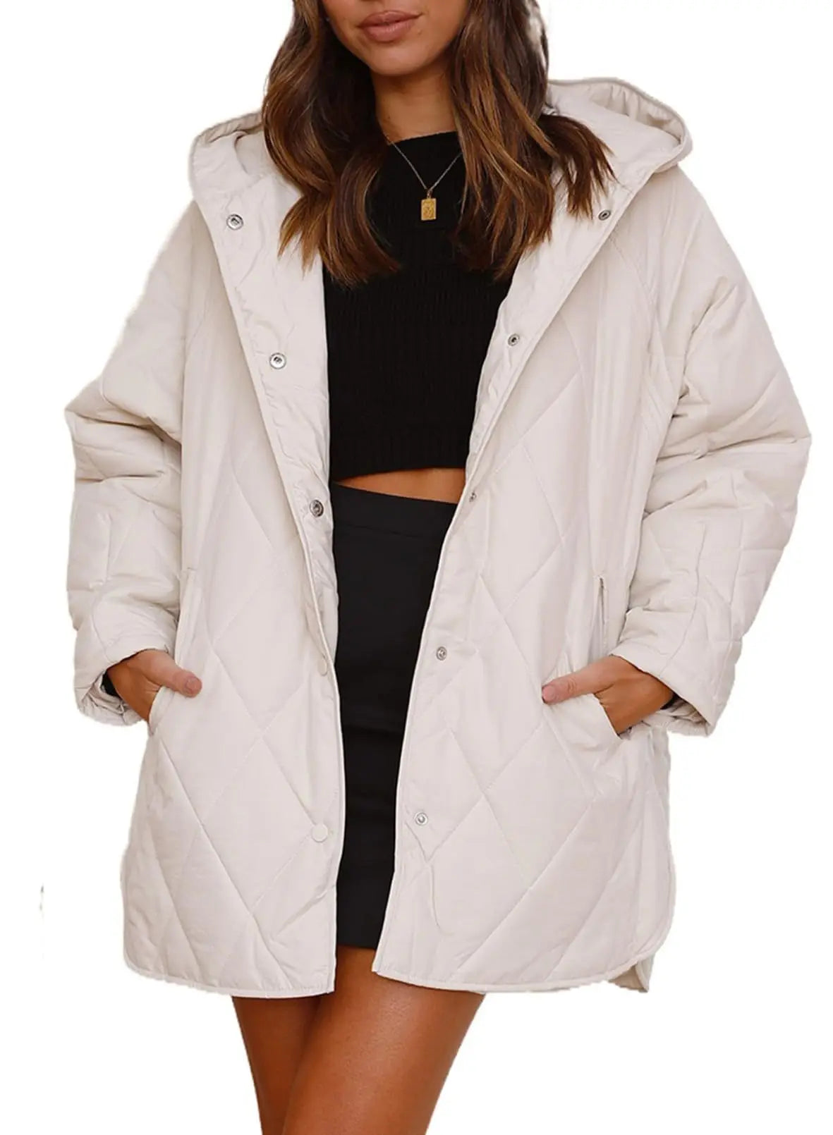 Veste matelassée à capuche Quiltura - Manteau femme oversize long, vert olive, vêtement d’extérieur décontracté