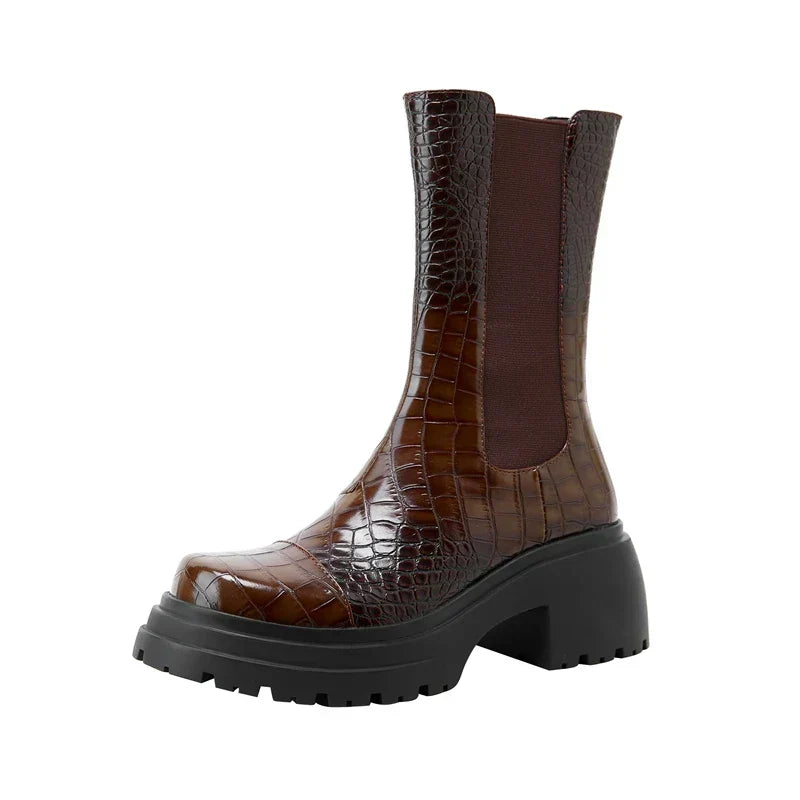 Crocgrain Platform Chelsea Boots – Ankle Boots Women Chunky Sole Elastic Side Pull On Winter Boots
