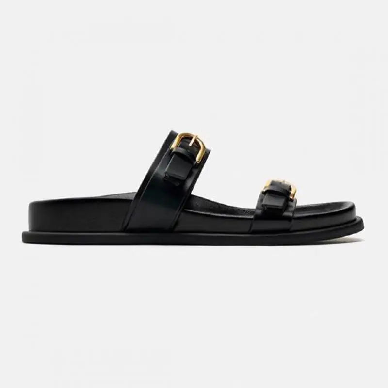 Bucklora Leather Buckle Sandals – Women Comfortable Flat Sandals Summer Casual Slip On Mules