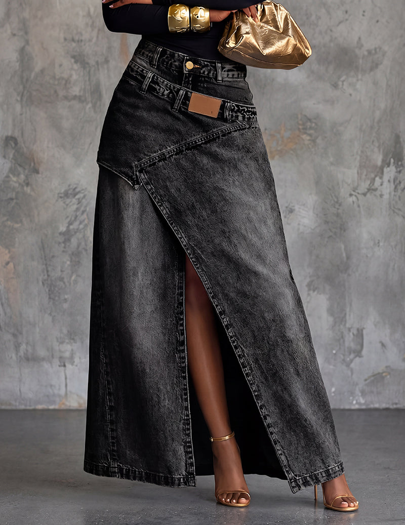 Cindra Asymmetric Wrap Maxi Skirt – Denim High-Waist Front Slit Women Casual Streetwear Long Maxi Skirt