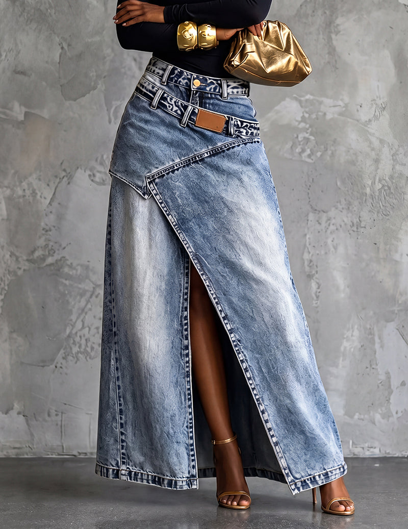 Jupe maxi portefeuille asymétrique Cindra – Jupe longue en denim taille haute avec fente devant, style décontracté streetwear pour femme