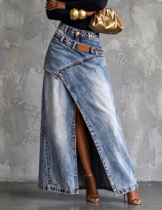 Jupe maxi portefeuille asymétrique Cindra – Jupe longue en denim taille haute avec fente devant, style décontracté streetwear pour femme