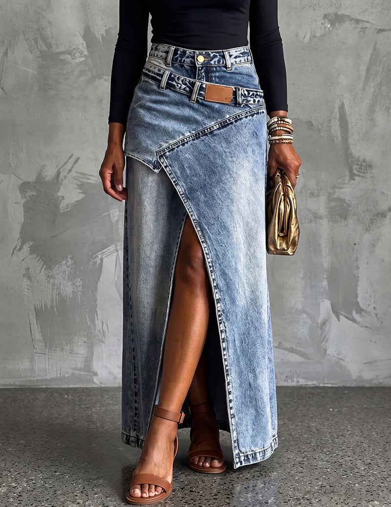 Cindra Asymmetric Wrap Maxi Skirt – Denim High-Waist Front Slit Women Casual Streetwear Long Maxi Skirt