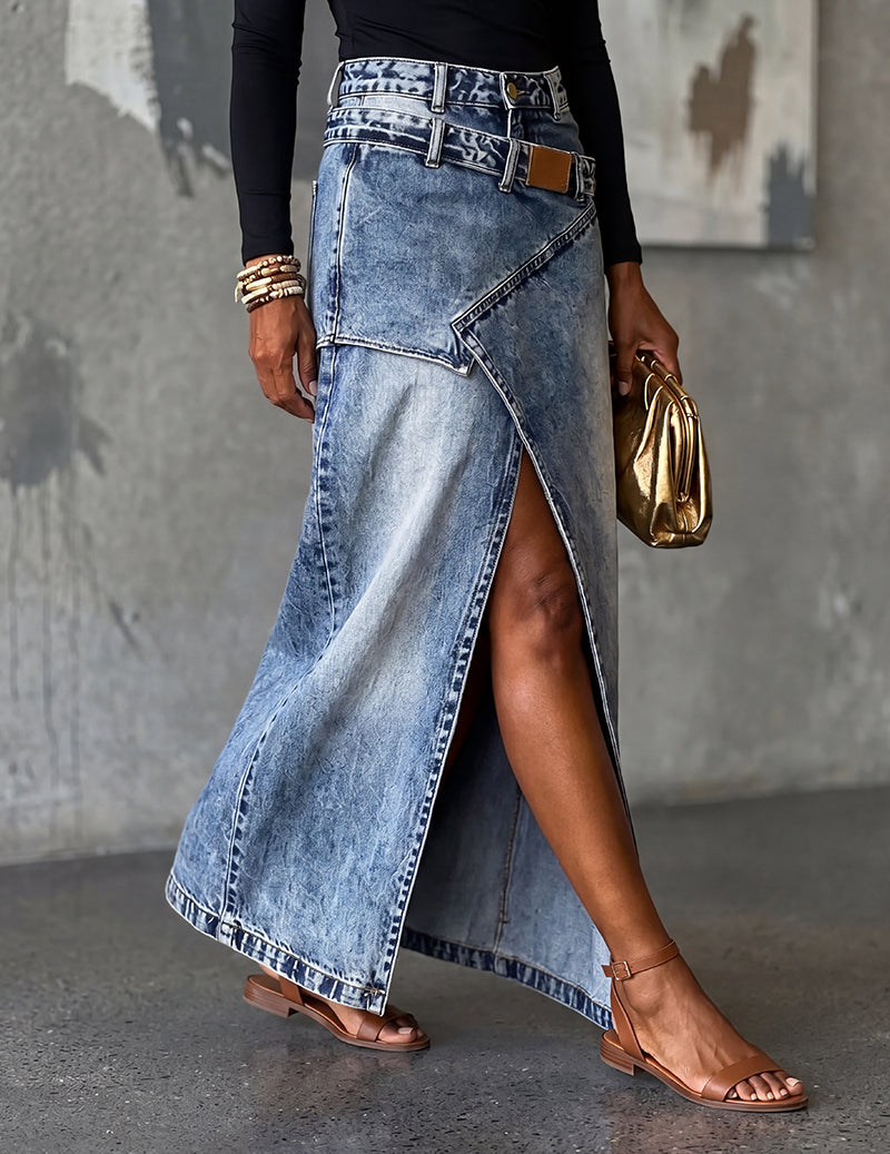 Cindra Asymmetric Wrap Maxi Skirt – Denim High-Waist Front Slit Women Casual Streetwear Long Maxi Skirt