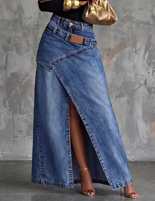 Jupe maxi portefeuille asymétrique Cindra – Jupe longue en denim taille haute avec fente devant, style décontracté streetwear pour femme