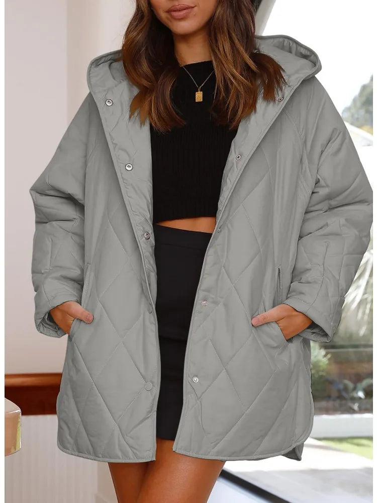 Veste matelassée à capuche Quiltura - Manteau femme oversize long, vert olive, vêtement d’extérieur décontracté