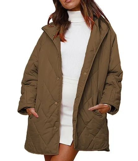 Veste matelassée à capuche Quiltura - Manteau femme oversize long, vert olive, vêtement d’extérieur décontracté
