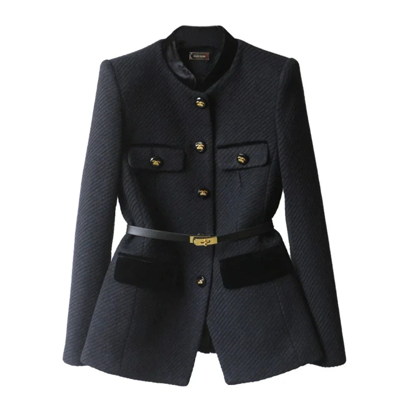 Oreva Quilted Mandarin Collar Belted Jacket – Women Formal Office Blazer Tailored Structured Business Longline Blazer