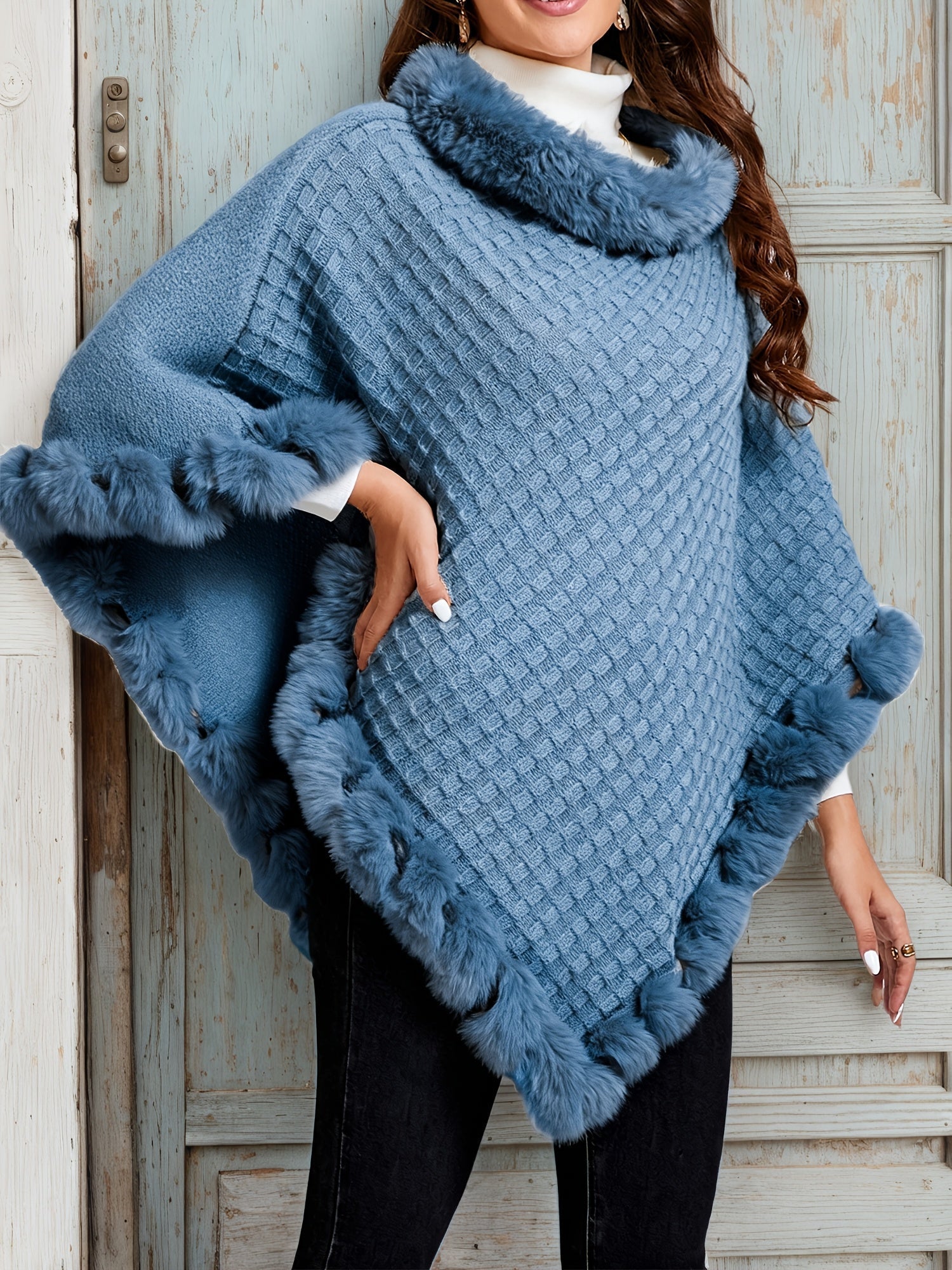 Pelluxa Faux Fur Trimmed Poncho – Women Cable Knit Cowl Neck Poncho Fall Winter Cozy Oversized Sweater Wrap