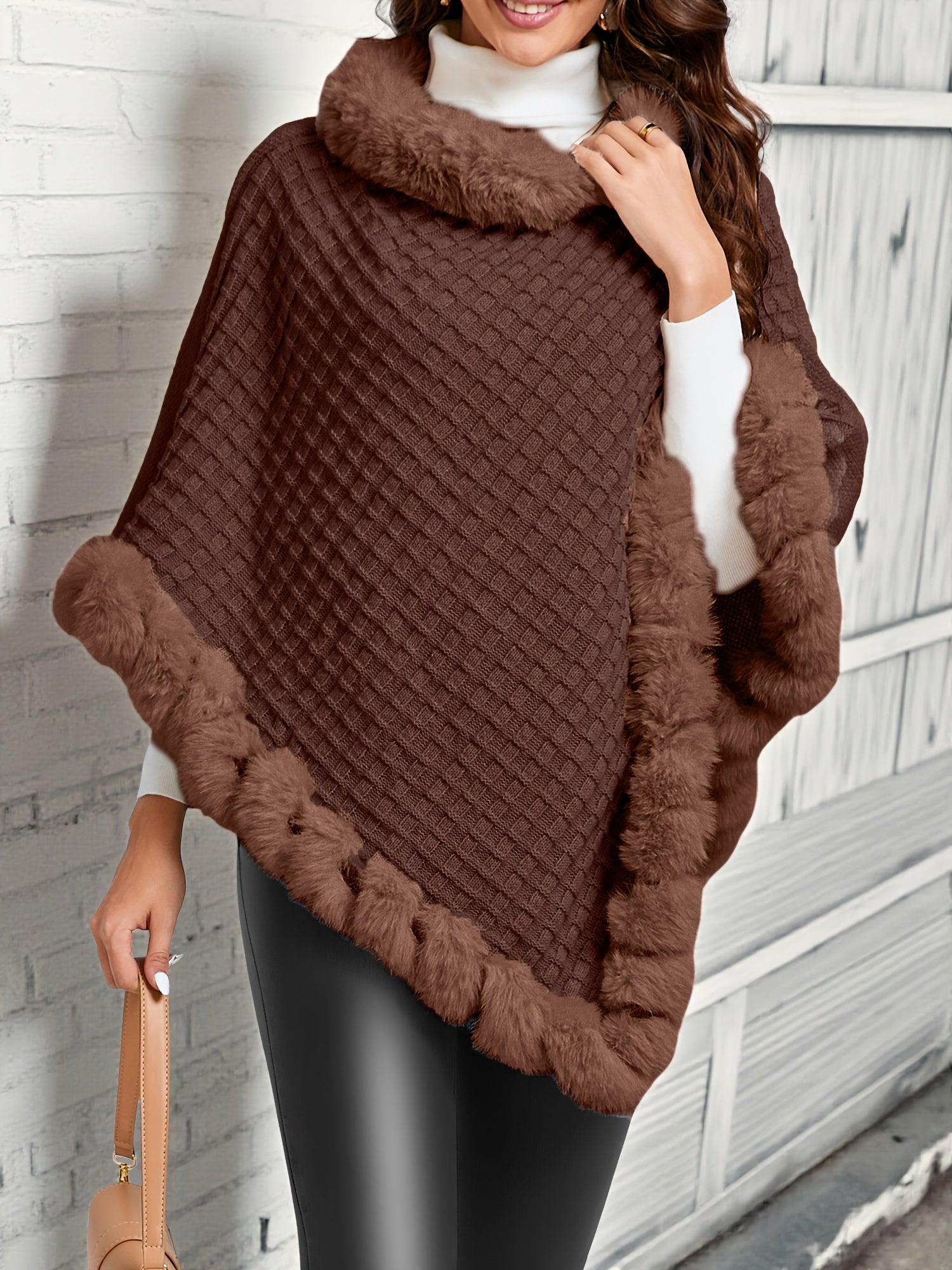 Pelluxa Faux Fur Trimmed Poncho – Women Cable Knit Cowl Neck Poncho Fall Winter Cozy Oversized Sweater Wrap