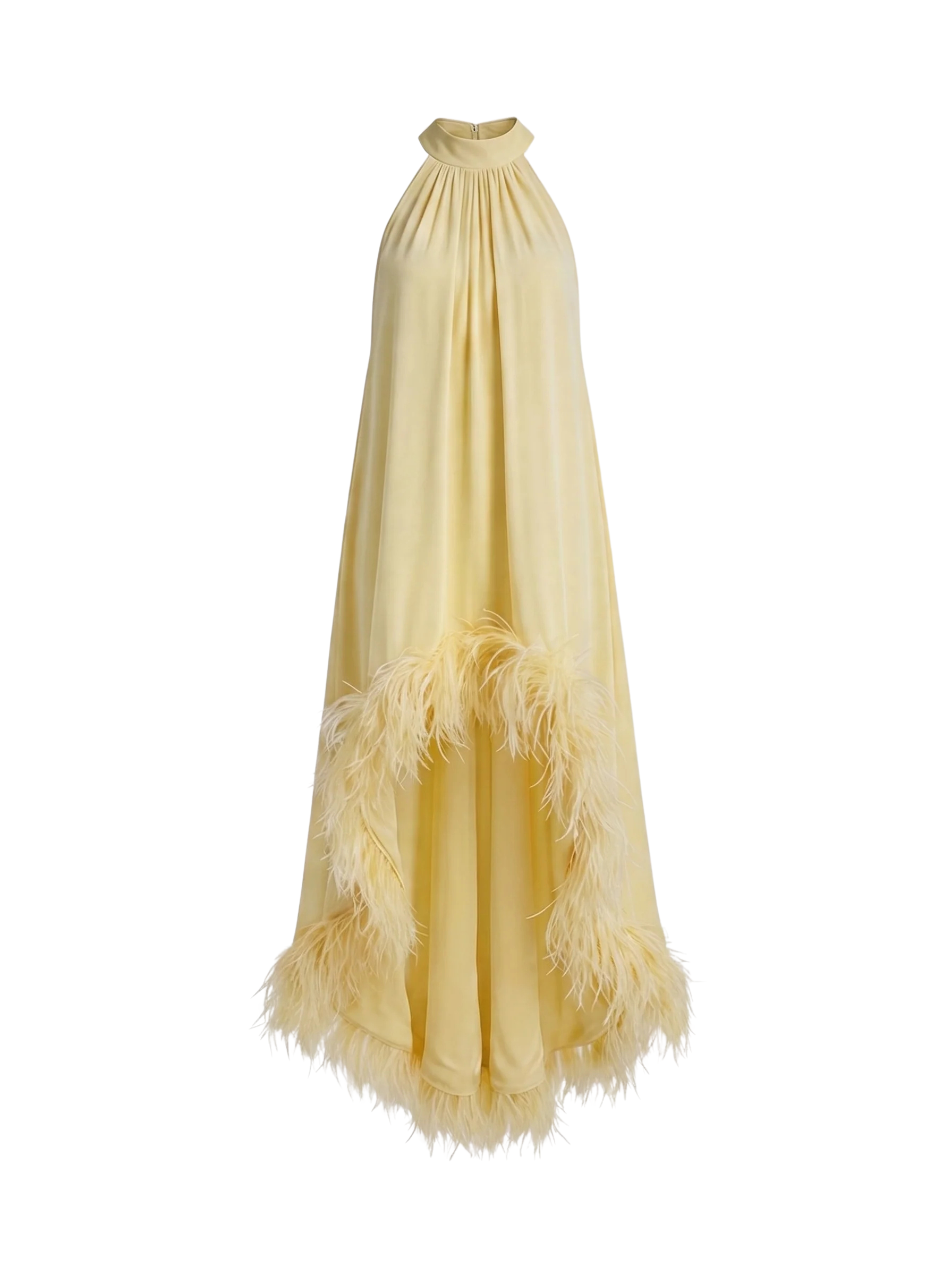 Piuma Feather-Trim Halter Maxi Dress – Yellow Halter Neck Dress Women Evening Formal Wedding Guest Maxi Dress