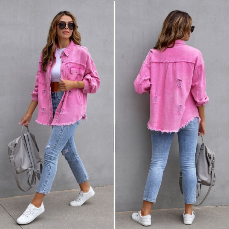Veste oversize en denim délavé Rosafraye – Veste-chemise boutonnée effilochée pour femme, style streetwear décontracté d’automne
