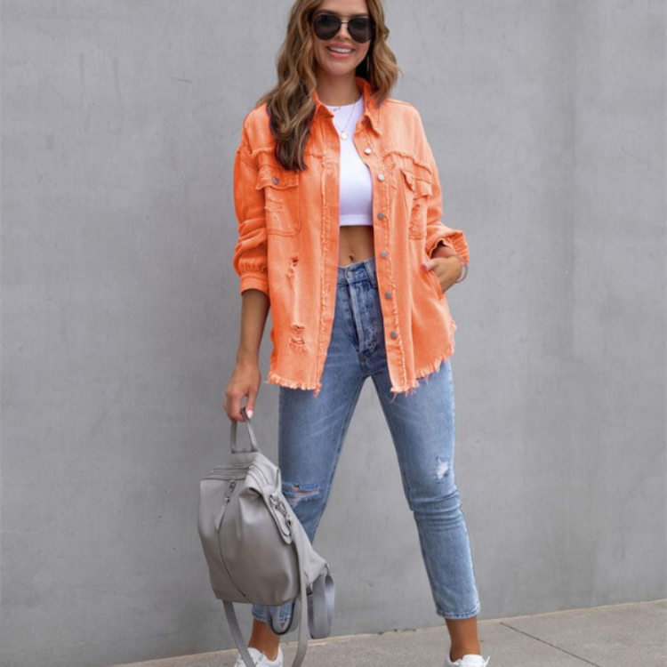Veste oversize en denim délavé Rosafraye – Veste-chemise boutonnée effilochée pour femme, style streetwear décontracté d’automne