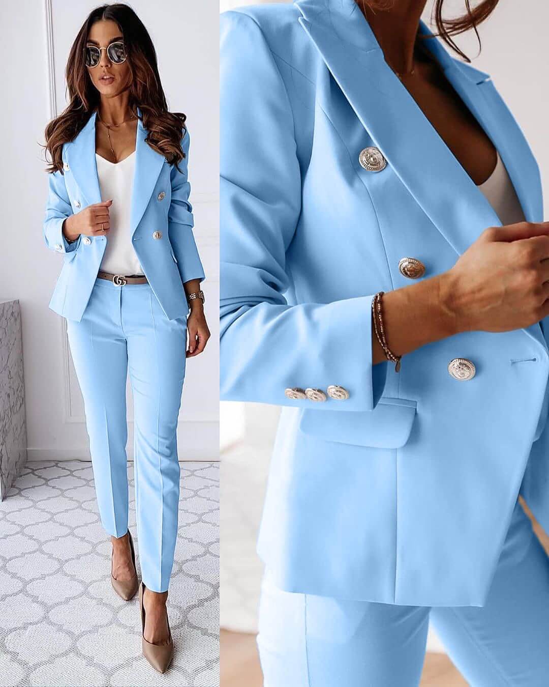 Bottona Double-Breasted Tailored Blazer Trouser Suit – Pant Suits Women Office Wear Ladies Professional Two-Piece Pantsuit
