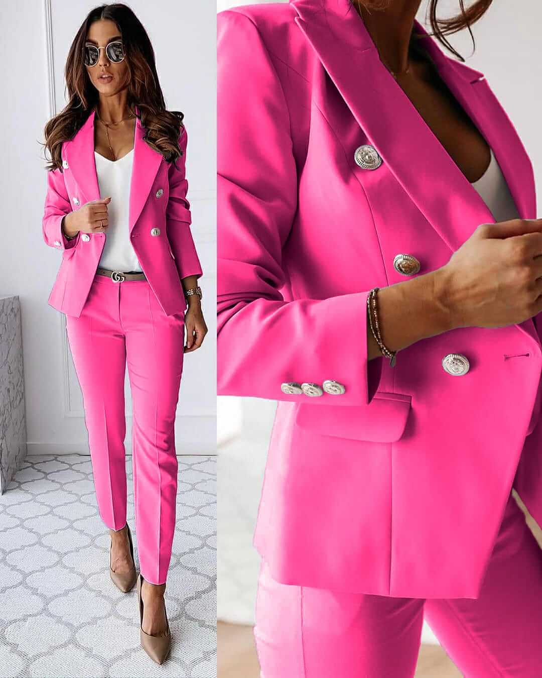 Bottona Double-Breasted Tailored Blazer Trouser Suit – Pant Suits Women Office Wear Ladies Professional Two-Piece Pantsuit
