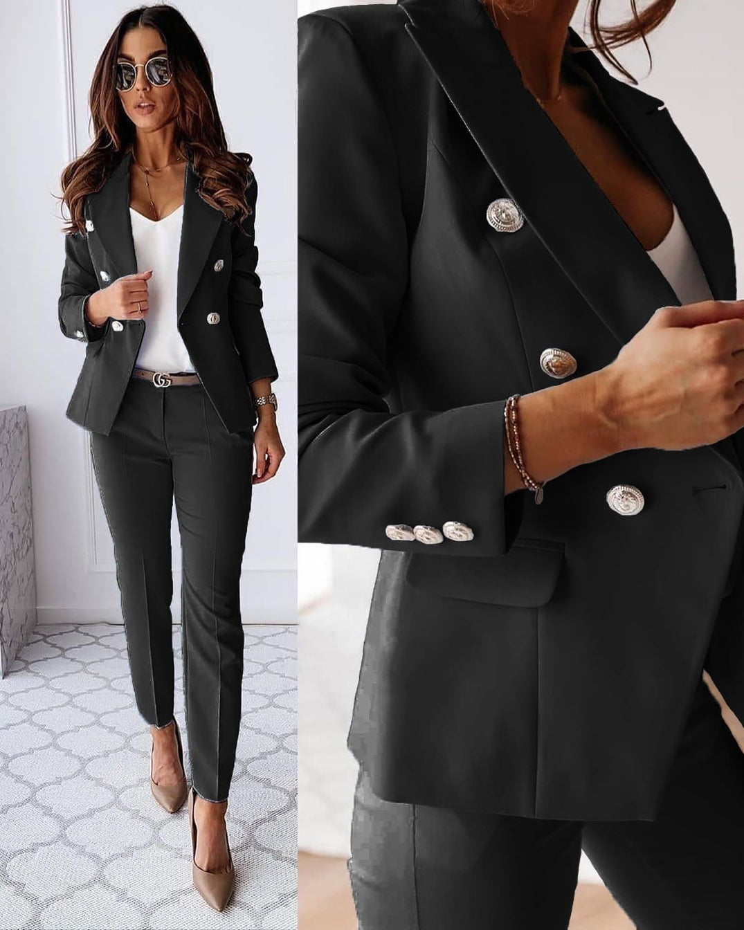 Bottona Double-Breasted Tailored Blazer Trouser Suit – Pant Suits Women Office Wear Ladies Professional Two-Piece Pantsuit