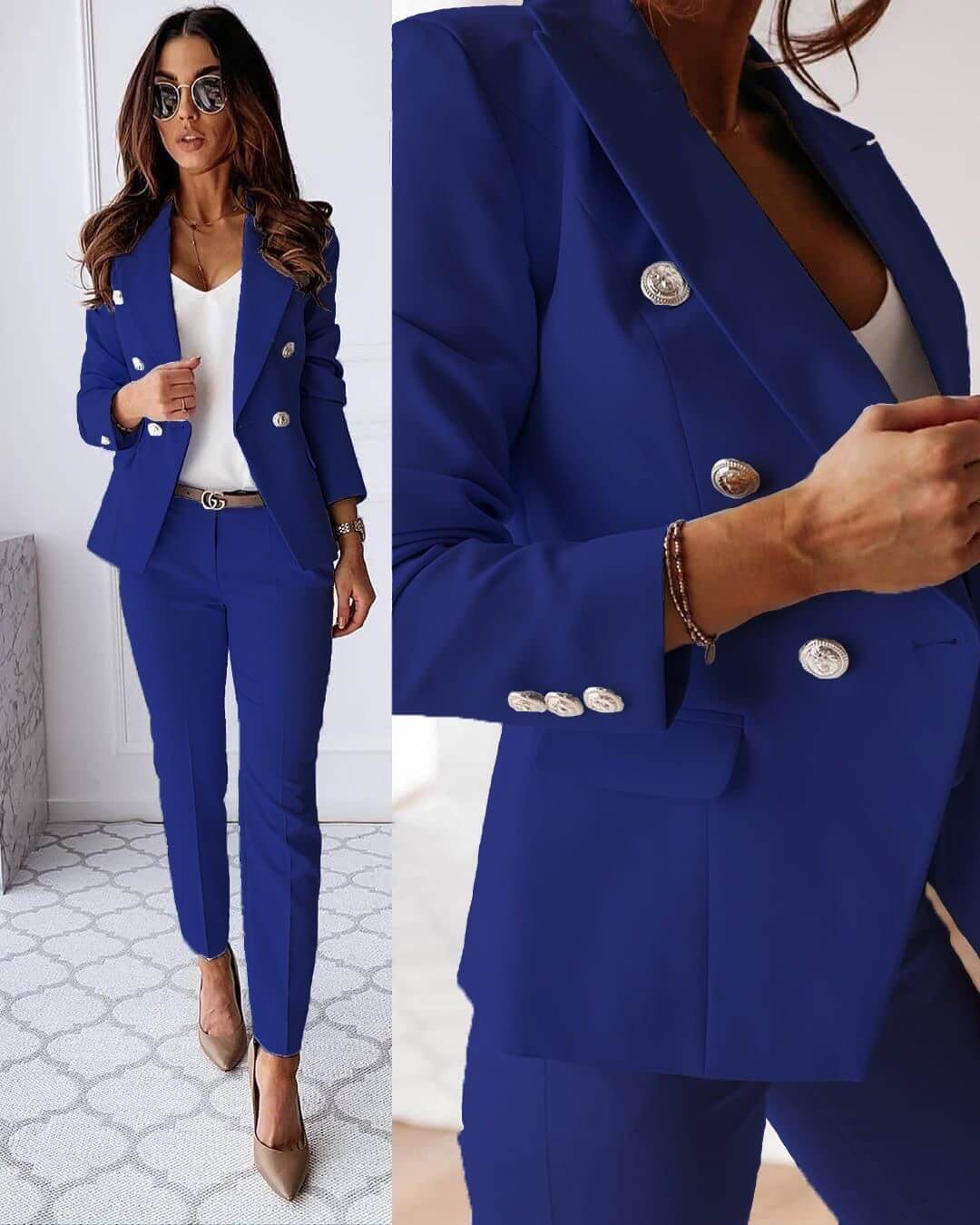 Bottona Double-Breasted Tailored Blazer Trouser Suit – Pant Suits Women Office Wear Ladies Professional Two-Piece Pantsuit