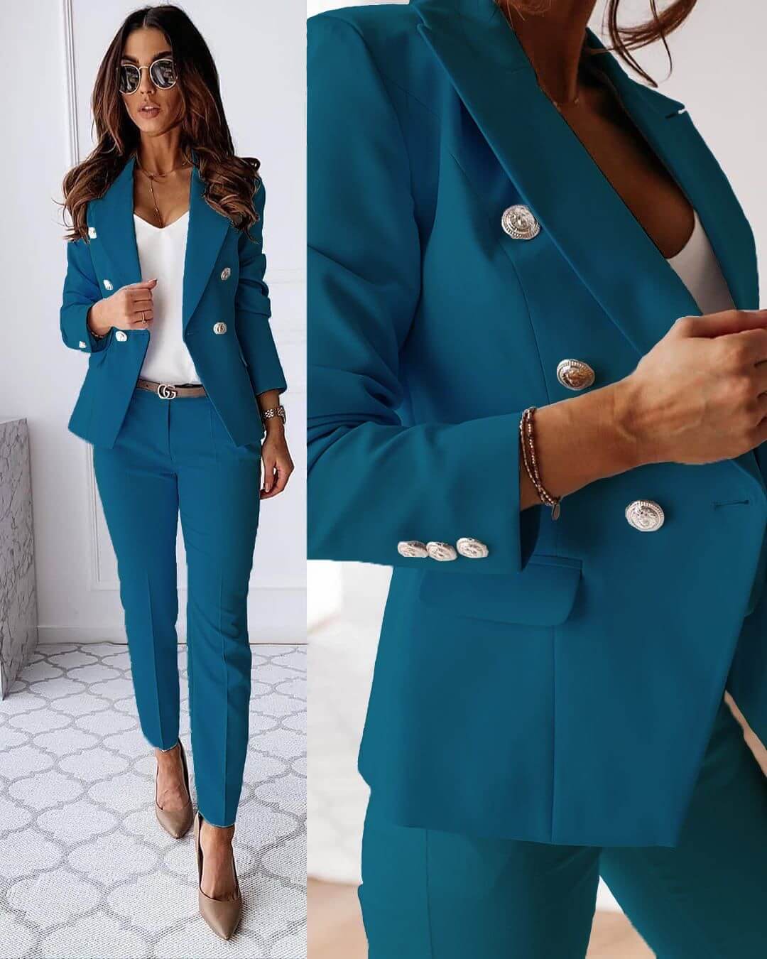 Bottona Double-Breasted Tailored Blazer Trouser Suit – Pant Suits Women Office Wear Ladies Professional Two-Piece Pantsuit