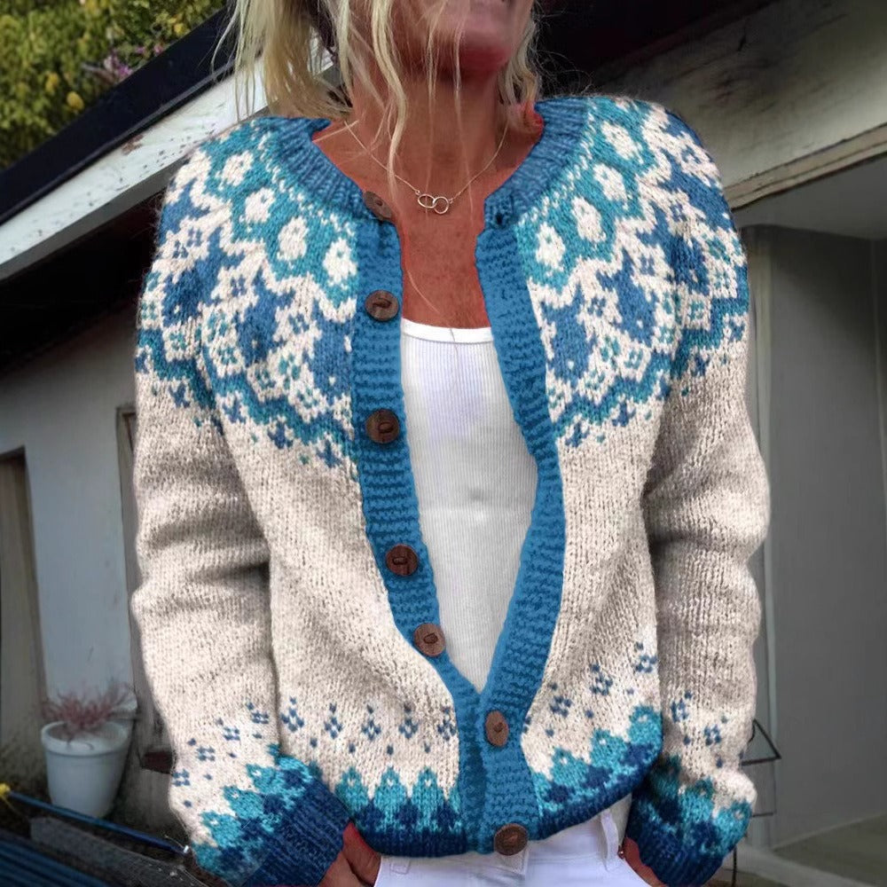Nivora Fair Isle Knit Cardigan – Women Chunky Button-Down Nordic Pattern Fall Vintage Cozy Cardigan