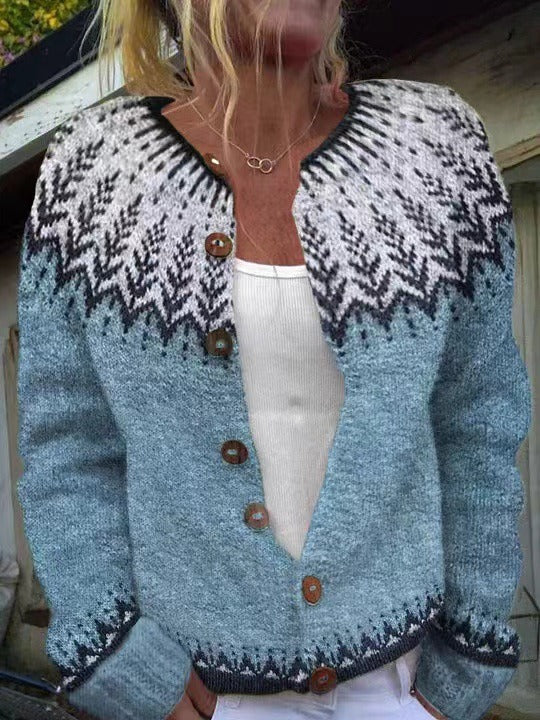 Cardigan Frostig boutonné à motif Fair Isle - Pull cardigan femme en maille crochetée, motif nordique, poignets côtelés