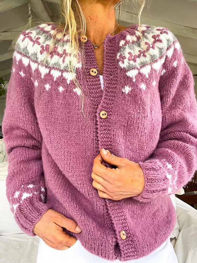 Cardigan Fjoriana en maille à motif Fair Isle - Pull cardigan femme à col rond, boutonné, motif nordique, en maille épaisse