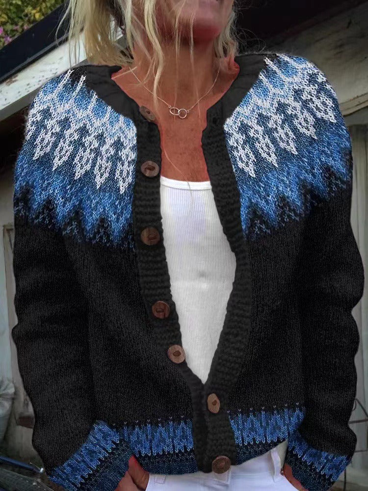 Cardigan Skifrost en maille à motif Fair Isle - Cardigan femme bleu et noir, boutonné sur le devant, à motif nordique, en maille épaisse