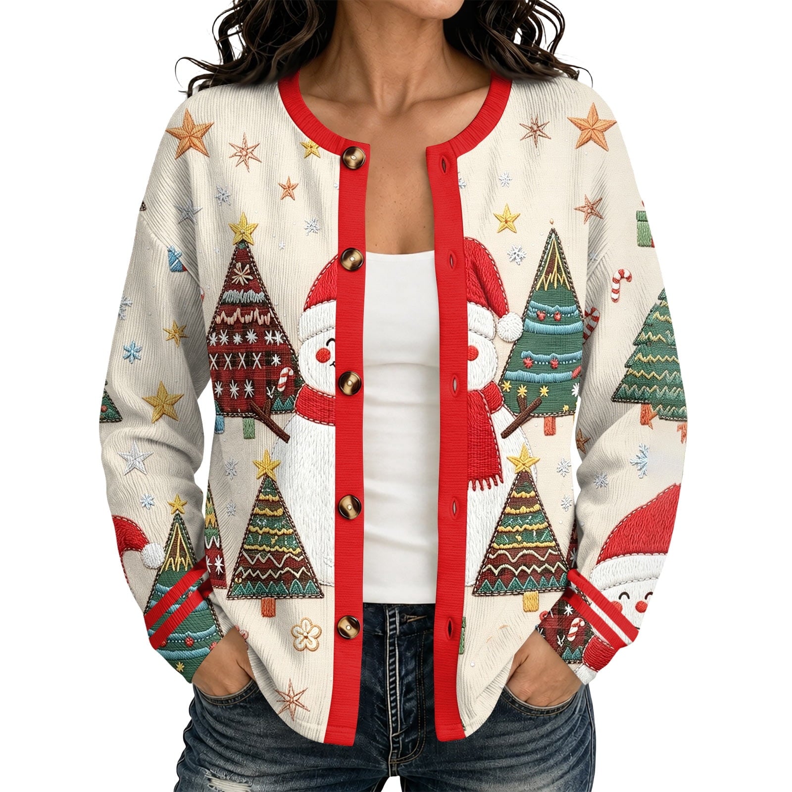 Stellabor Christmas Tree Print Cardigan – Women Holiday Festive Button Front Long Sleeve Cardigan