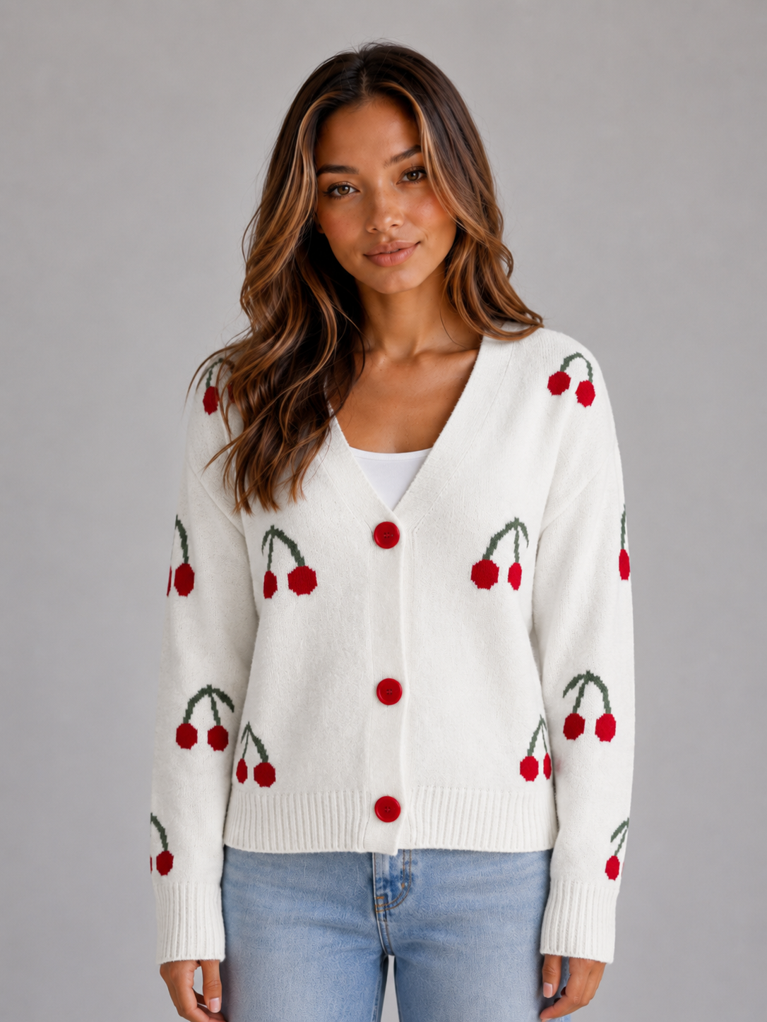 Ciglioso Cherry Embroidered Knit Cardigan – V-Neck Button Front Women Sweater Cropped Chunky Knit Cardigan