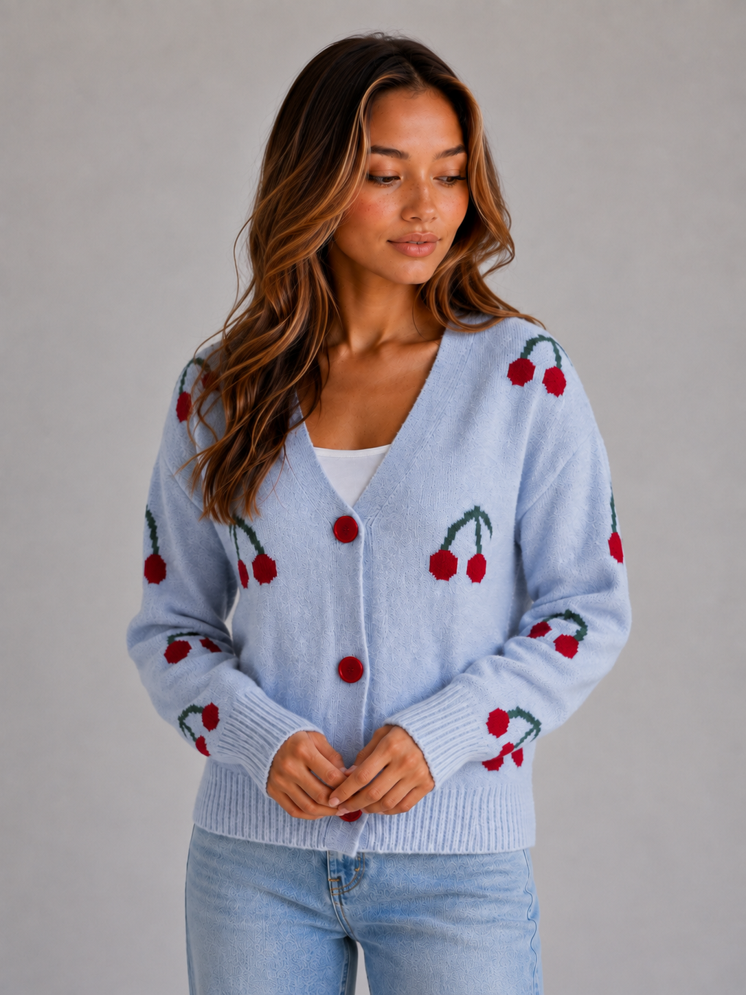 Ciglioso Cherry Embroidered Knit Cardigan – V-Neck Button Front Women Sweater Cropped Chunky Knit Cardigan