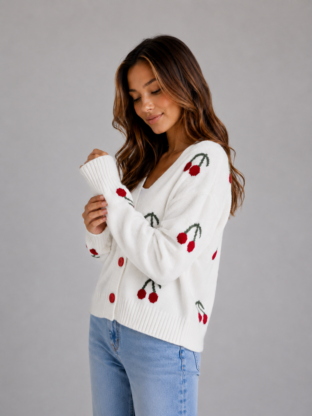 Ciglioso Cherry Embroidered Knit Cardigan – V-Neck Button Front Women Sweater Cropped Chunky Knit Cardigan