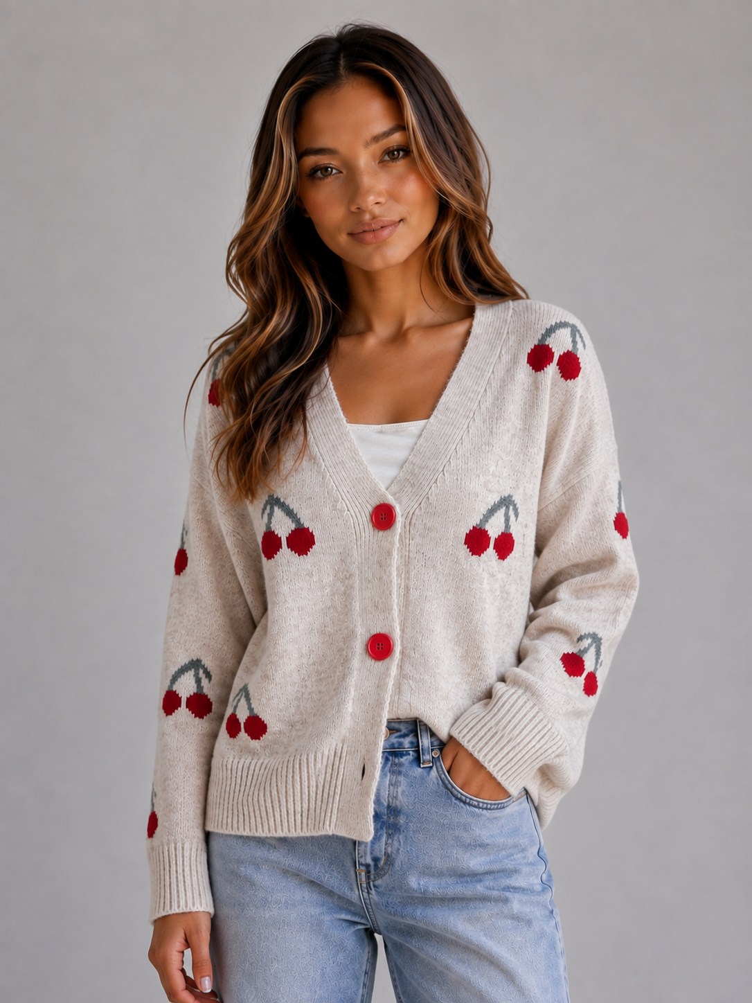 Ciglioso Cherry Embroidered Knit Cardigan – V-Neck Button Front Women Sweater Cropped Chunky Knit Cardigan