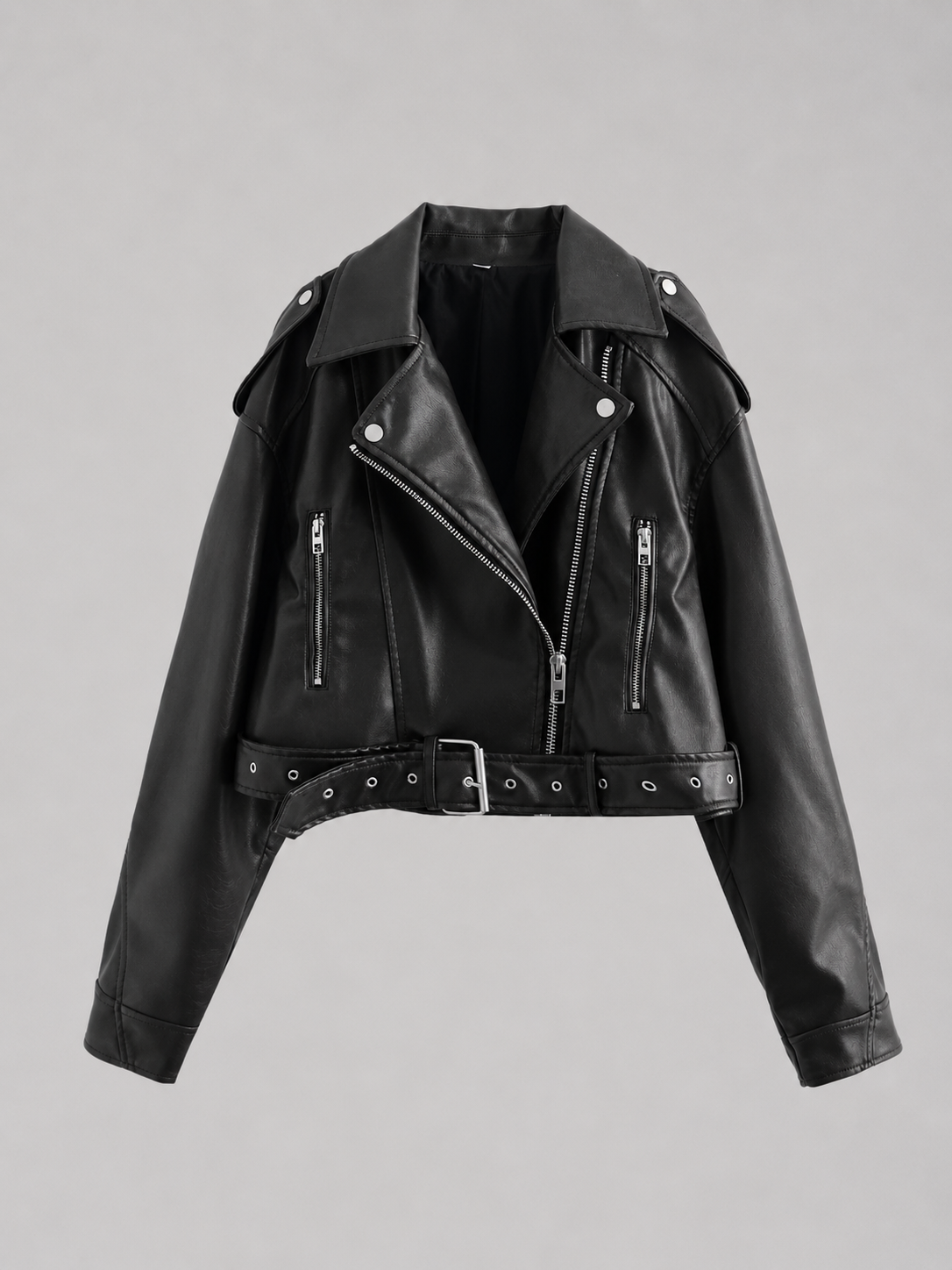Cinturé Belted Moto Leather Jacket – Women Biker Cropped Oversized Streetwear Casual Edgy Jacket