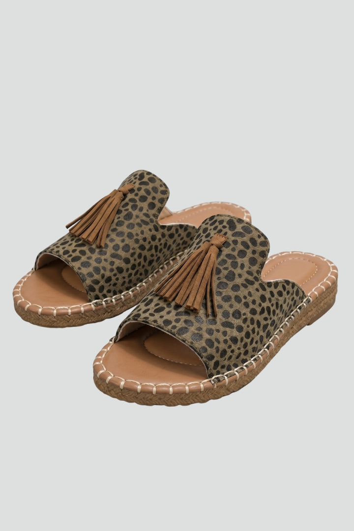 Chiaria Leopard Tassel Slide Sandals – Women Slip-On Mules Platform Espadrille Cushioned Arch Support Casual Summer Sandals