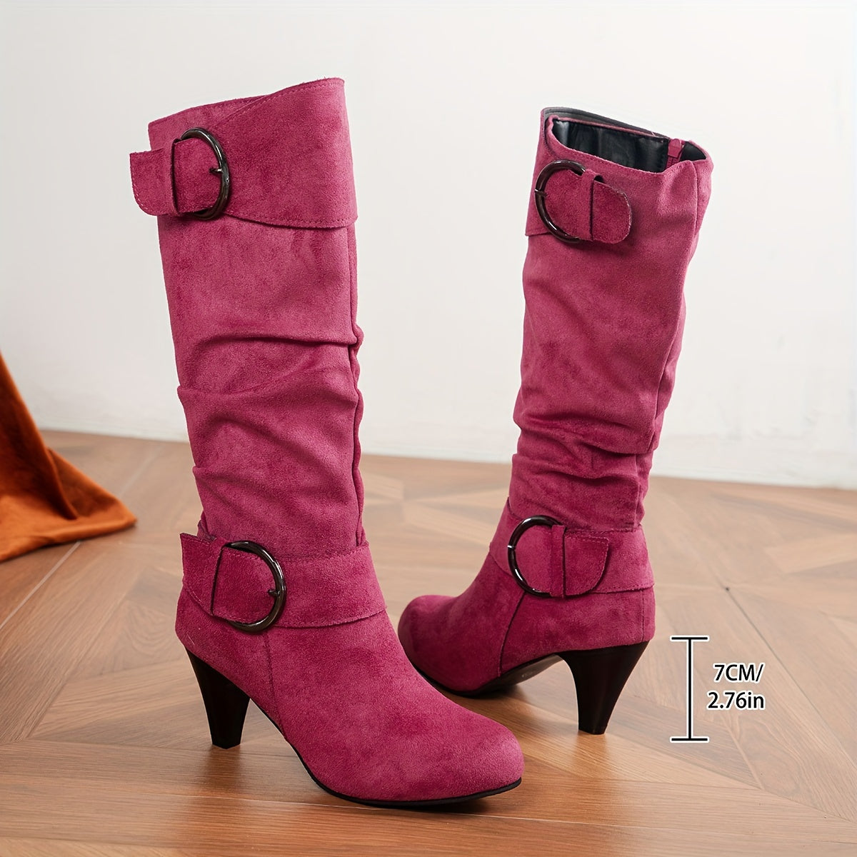 Fibrina Buckle Knee-High Boots – Women Block Heel Fall Winter Slouchy Suede Buckle Boots