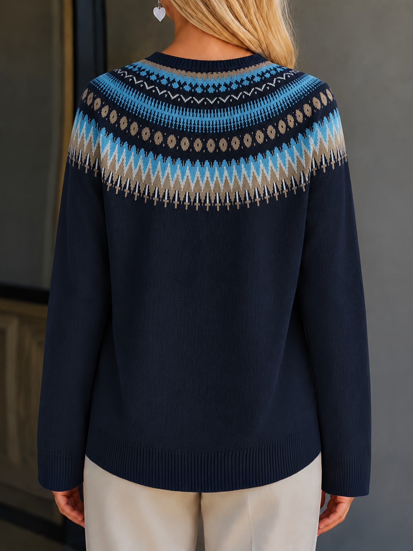 Gilet boutonné à motif Fair Isle Ondri – Haut à manches longues boutonné pour femme, pull en maille jacquard bleu marine, beige et bleu