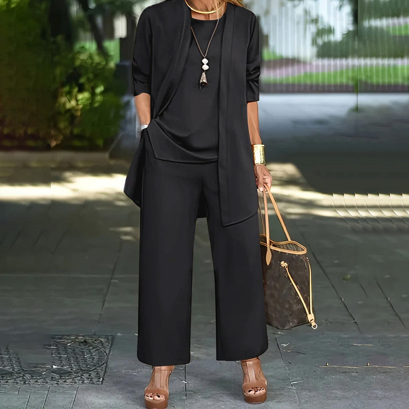Corbyne Longline Duster Three-Piece Set – Formal Wear Women Elegant Evening Wedding Guest Wide-Leg Trouser Co-Ord